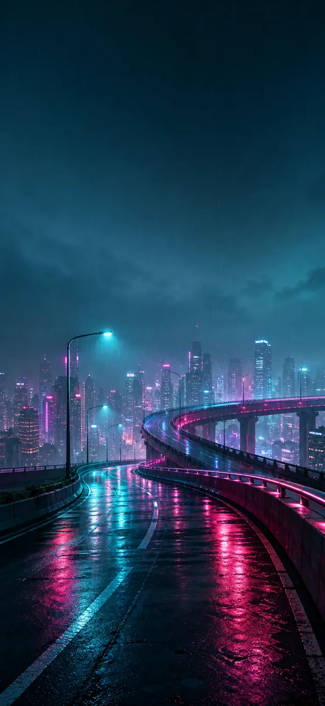 Neon Rain Overpass — depth-effect wallpaper