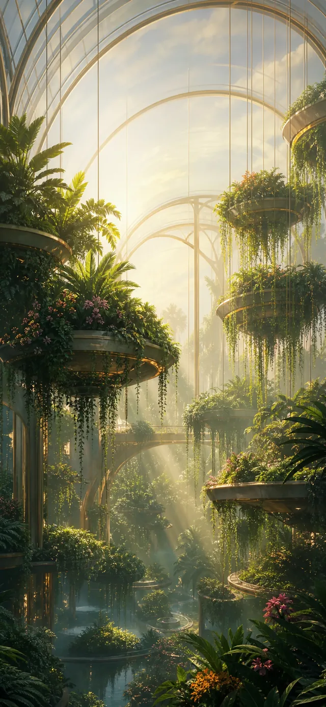 Floating Garden Atrium — depth-effect wallpaper