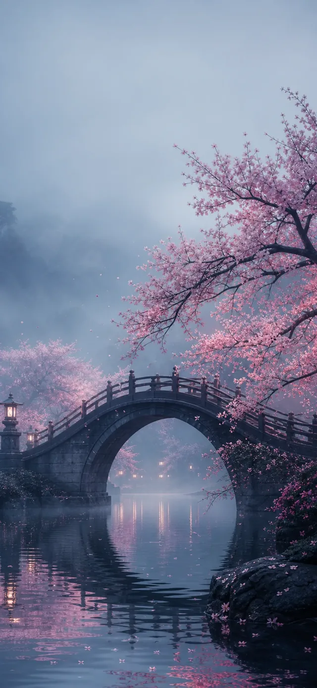 Sakura Bridge Mist — depth-effect wallpaper for iPhone 17 Pro
