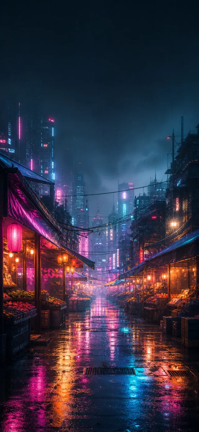 Cyber Street Market — depth-effect wallpaper