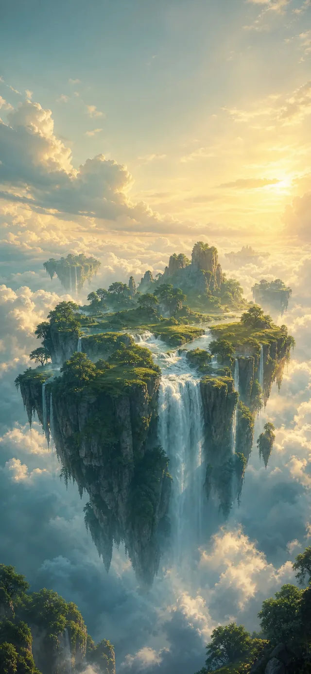 Floating Island Waterfall — depth-effect wallpaper